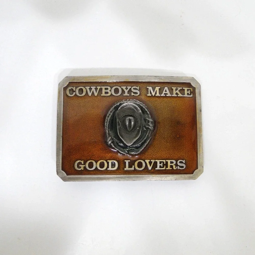 Vintage SBS Inc Cowboys Make Good Lovers Belt Buckle Western Hat Lasso Brown